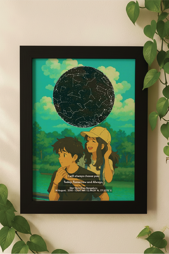 Personalised Star Map – Your Photo in Ghibli Art & The Stars – Photo Frame