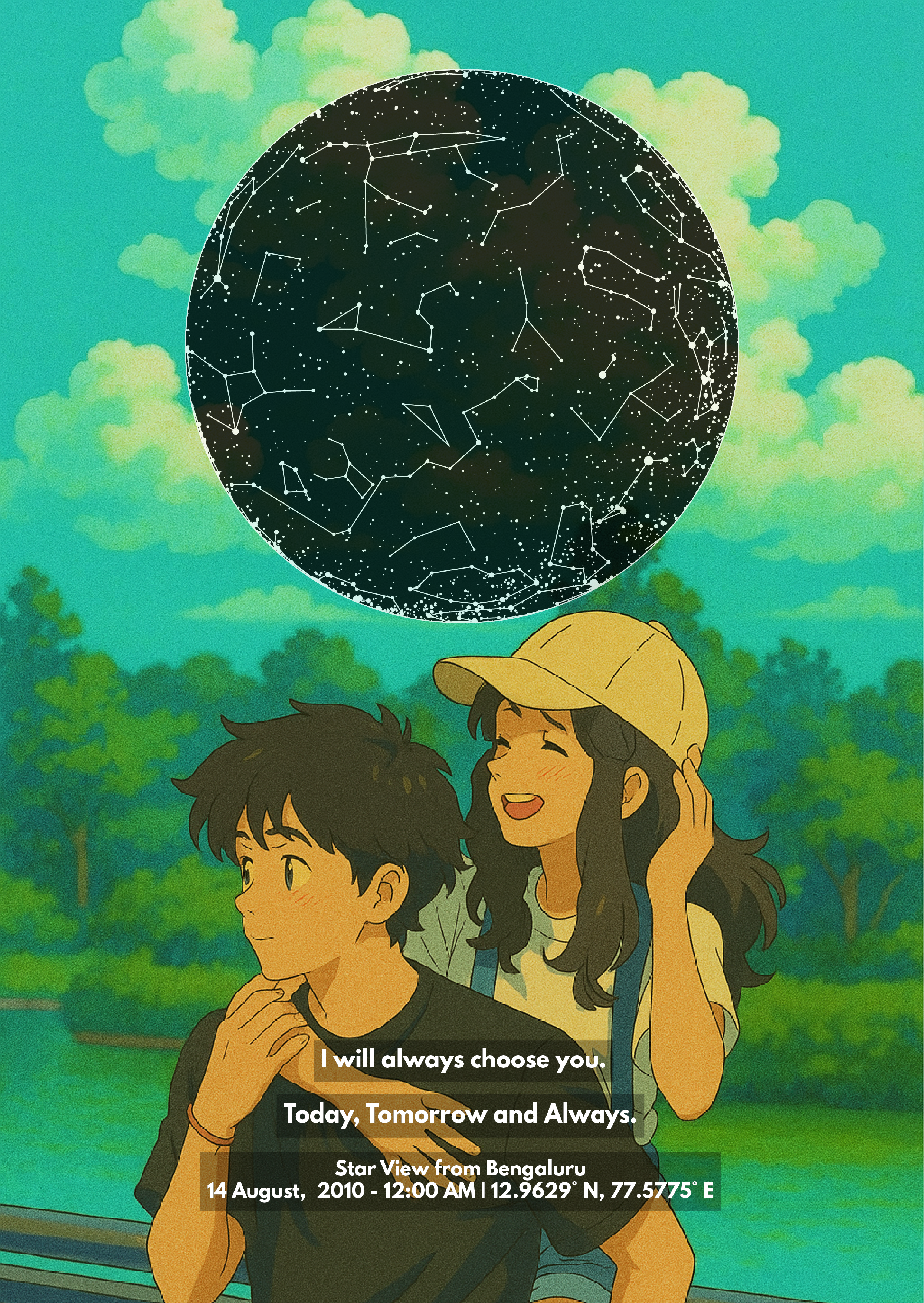 Personalised Star Map – Your Photo in Ghibli Art & The Stars – Photo Frame