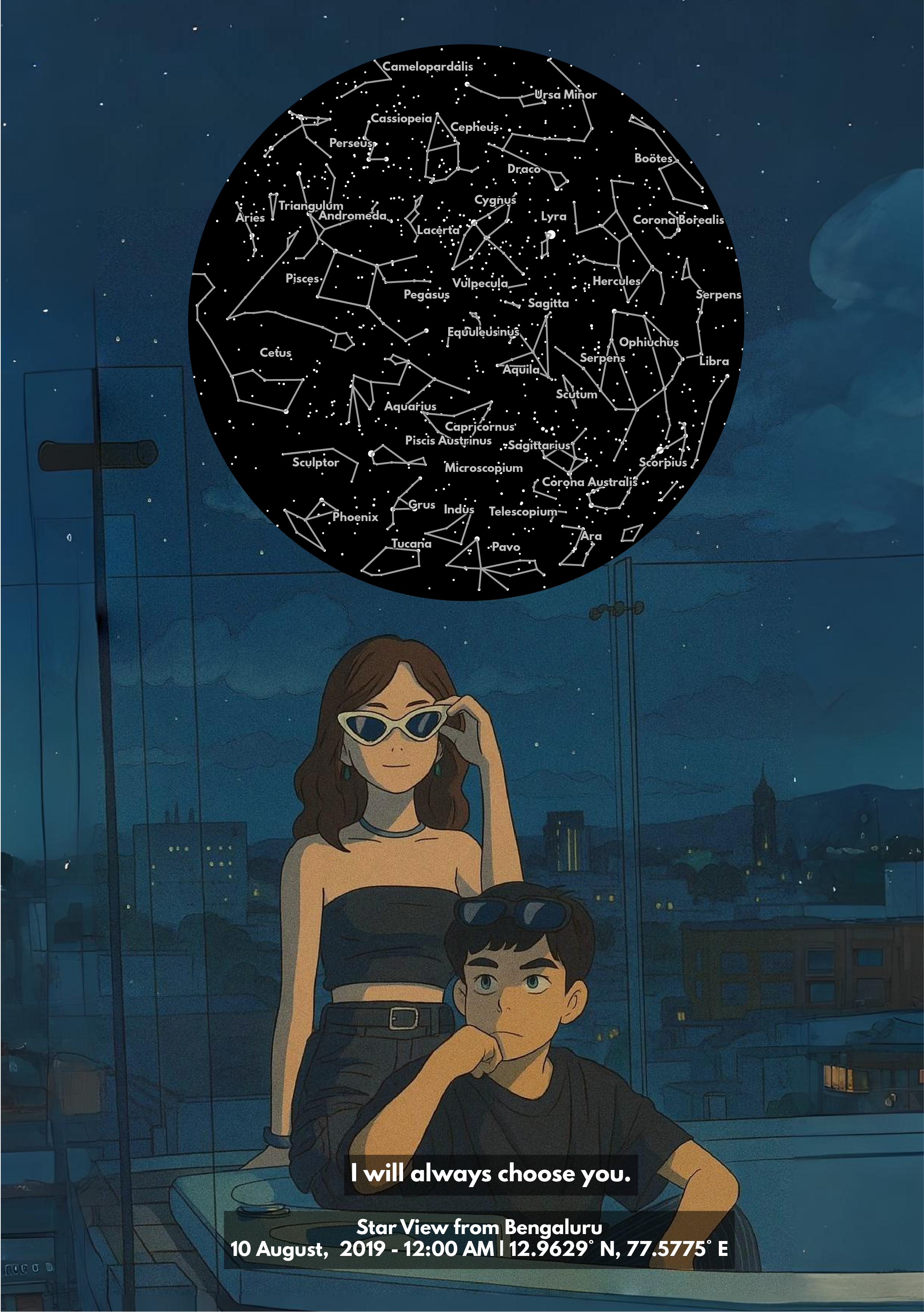 Personalised Star Map – Your Photo in Ghibli Art(Night filter) & The Stars – Photo Frame