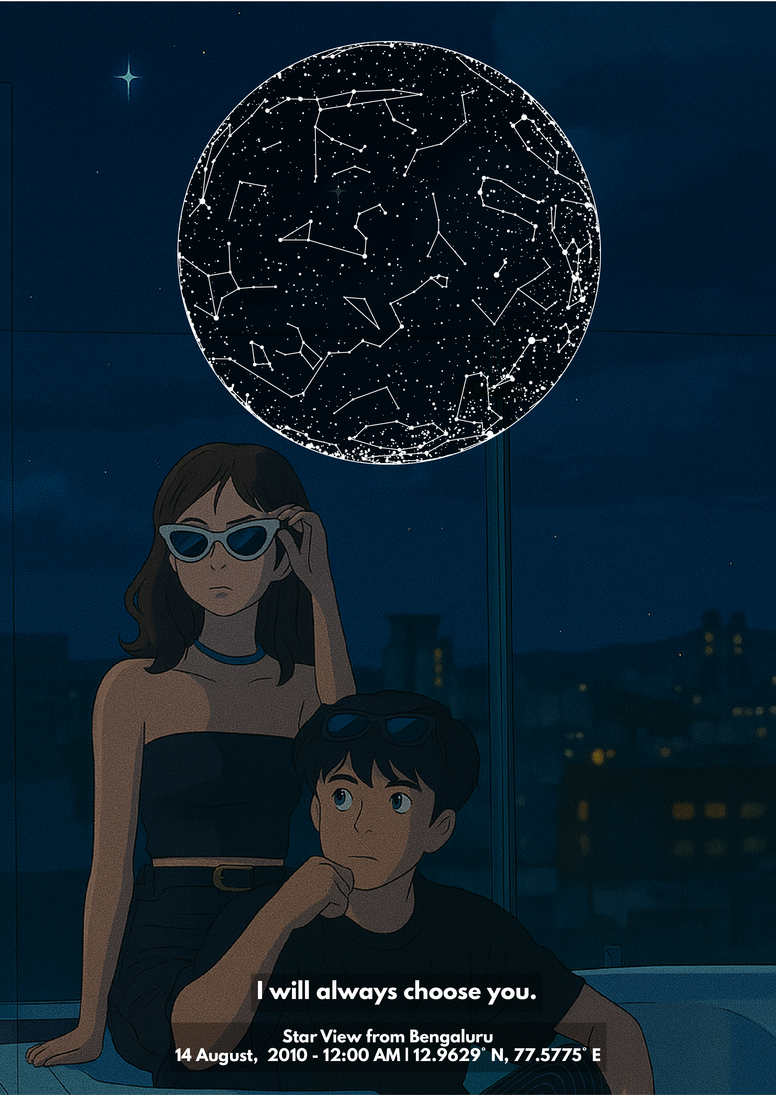 Personalised Star Map – Your Photo in Ghibli Art(Night filter) & The Stars – Photo Frame